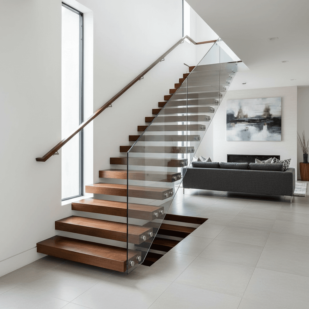 Custom staircase with wood treads and glass railing