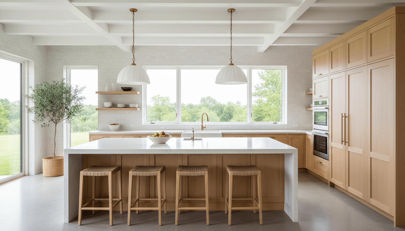 Open concept kitchen with custom white oak cabinets and large island in custom home