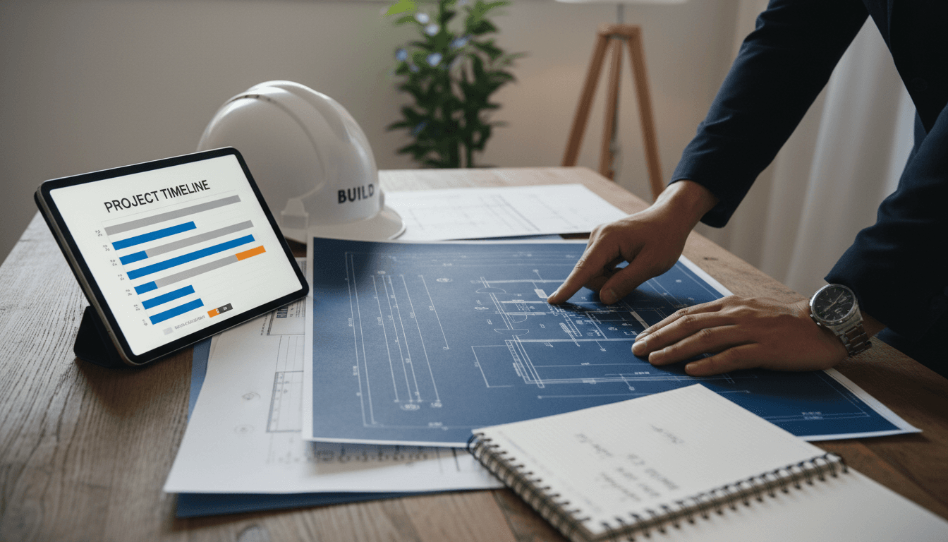 Builder discussing project plans with homeowners at a construction site