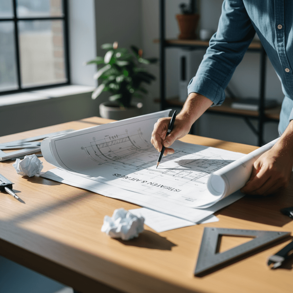 Builder and homeowner reviewing blueprints at a construction site