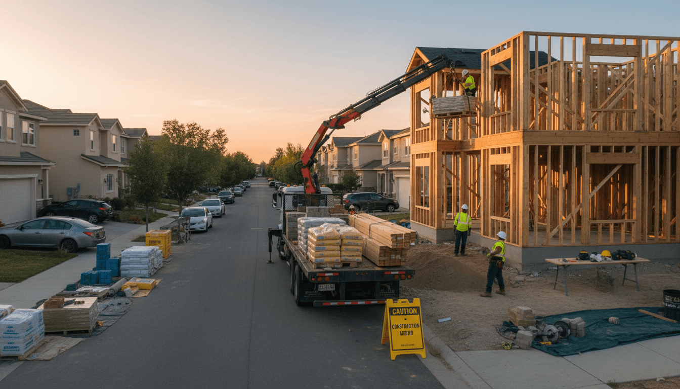 Construction site with materials staged on narrow street