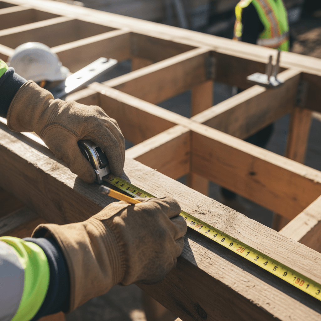 Contractor measuring a wooden frame on a residential build