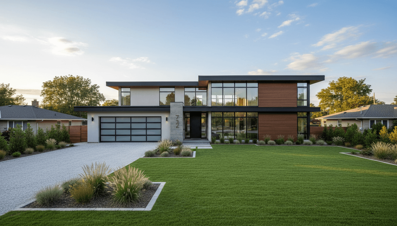 Modern custom home exterior in White Rock with manicured lawn and gravel driveway