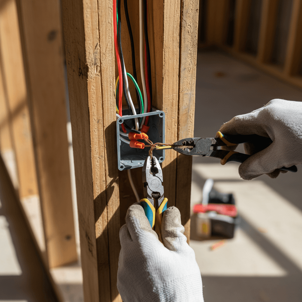 Electrician installing wiring in new home construction